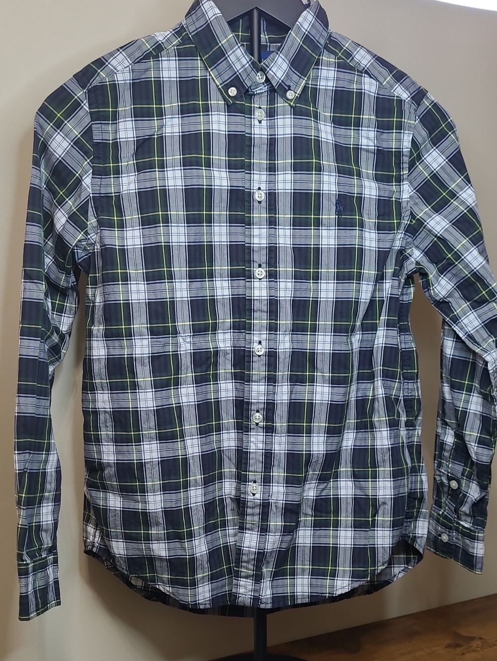 Ralph Lauren Navy, Green & White Plaid Button-Up Shirt size Large (14-16)